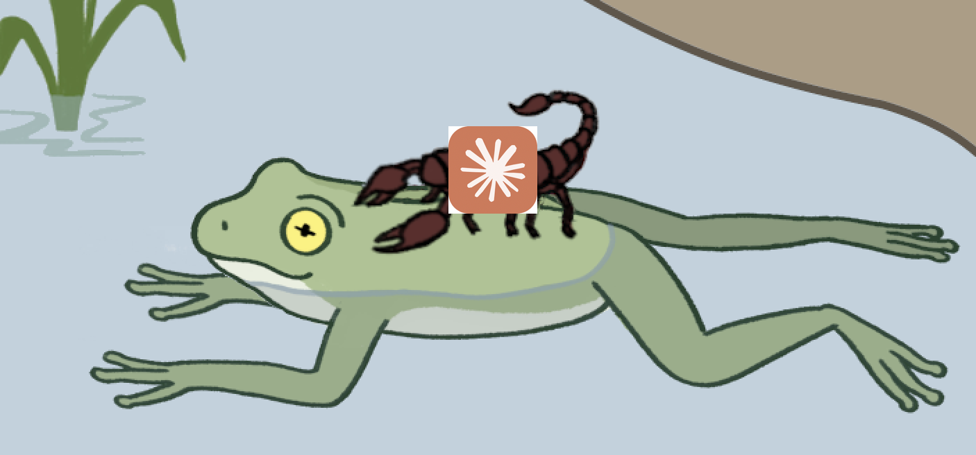 A frog swimming with a scorpion on its back