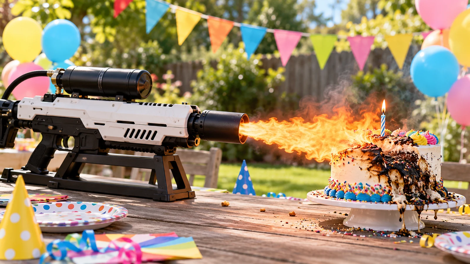 An oversized flamethrower lights a single birthday candle while scorching a colorful cake, surrounded by party decorations.